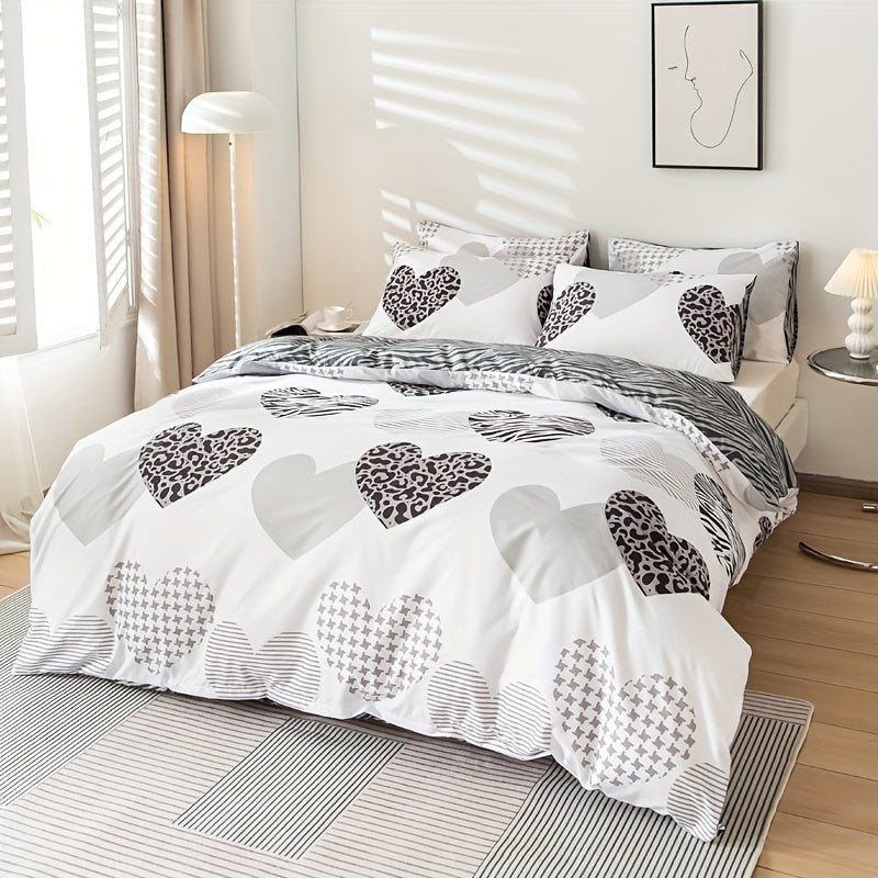 3pcs Love Leopard Print Multicolor Printed Duvet Cover Set, Polyester, All-Season, Zipper Closure, Woven Fabric, with Pillowcase, Machine Washable, Printing, Sanded Finish, 90g Fabric Weight, Non-Woven Fabric, Duvet Insert No