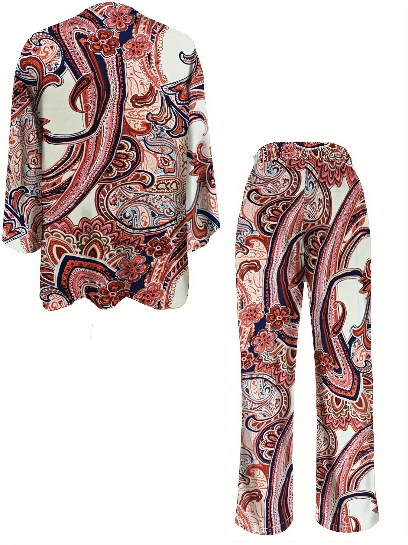 Boho Paisley Print Pants Set, Button Front Long Sleeve Blouse & Straight Leg Pants Outfits, Women's Clothing