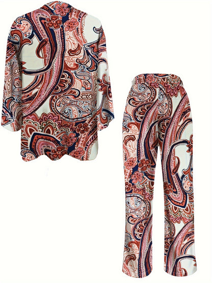 Boho Paisley Print Pants Set, Button Front Long Sleeve Blouse & Straight Leg Pants Outfits, Women's Clothing