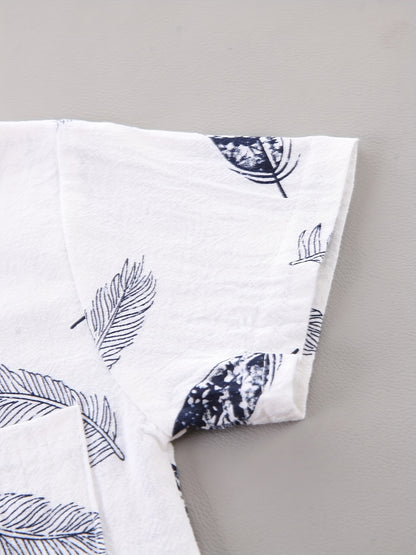 Conjunto casual para bebé menino - Camisola de manga curta e calções com estampado de penas - Conjunto infantil de 2 peças para atividades ao ar livre