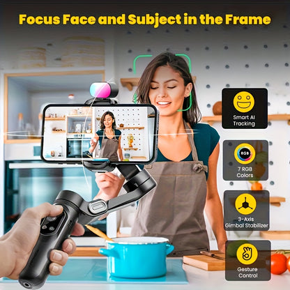 AOCHUAN Smart X Pro 3-Axis Stabilized Phone Gimbal Kit with AI Smart Control, 7-Color RGB Fill Light, OLED Display, Extendable Pole, 360° Rotation, Foldable Design, Long Battery Life, Professional Vlogging & Outdoor Shooting
