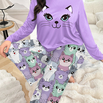 Plus Size - Plus Size Women'S Cozy Long Sleeve Pajama Set with Adorable Print - Soft Purple &, All-Season Comfort, Casual Home Wear, Perfect for Fall & Winter