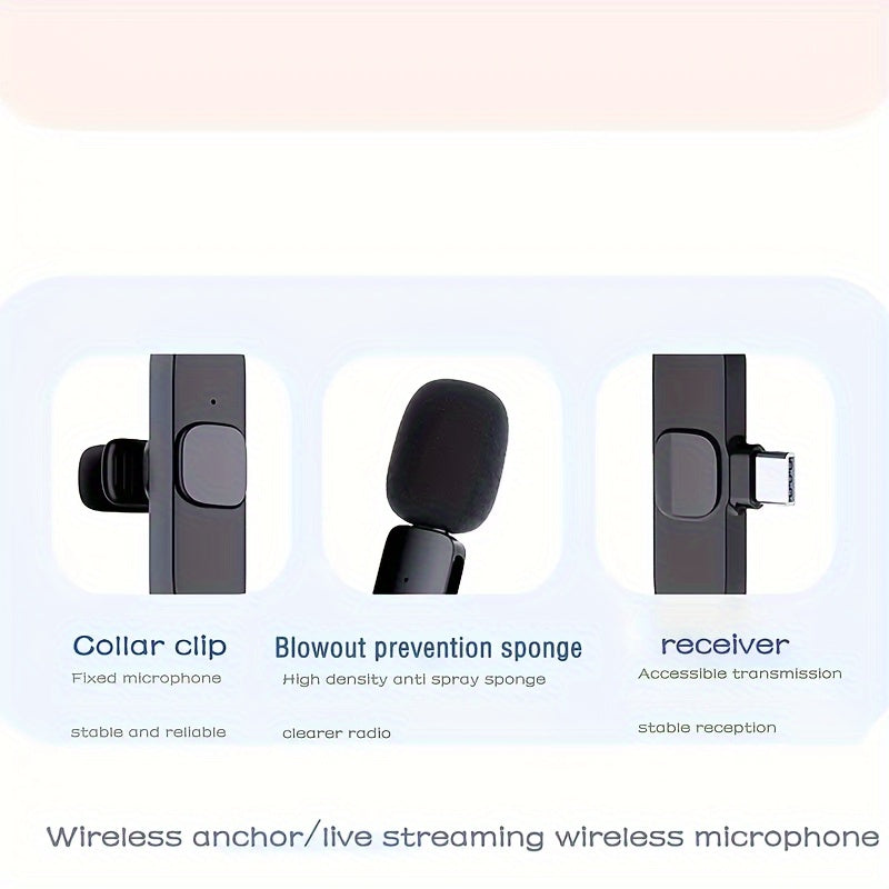 Portable Wireless Lavalier Microphone - USB-C Clip On Recording System, Suitable for Smartphones And Laptops, Ideal for Vlogs, Live Streaming, And Interviews, Content Creation Mic, Vlogging Equipment, Compact Design, Clipon M