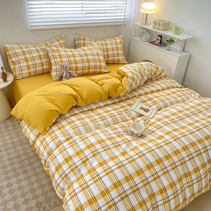 4pcs quilt set (1*quilt cover + 1*bed sheet + 2*pillowcases, excluding quilt core), yellow and white line printed bedding set, soft and comfortable four-season quilt cover, suitable for bedroom and guest room
