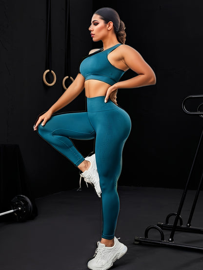 Women's 2-Piece Yoga Set, Cross-Back Sports Bra And High-Waisted Leggings, Seamless Knit Activewear For Gym And Fitness, Solid Color