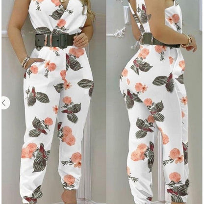 Women'S Floral Print Jogger Romper, Elegant Summer Style, Polyester 100%, Cropped Length, Elastic Waist with Belt, Criss Cross Neck, Regular Fit, Non-Stretch Fabric, Woven, for Weekend Casual - 120g/m²