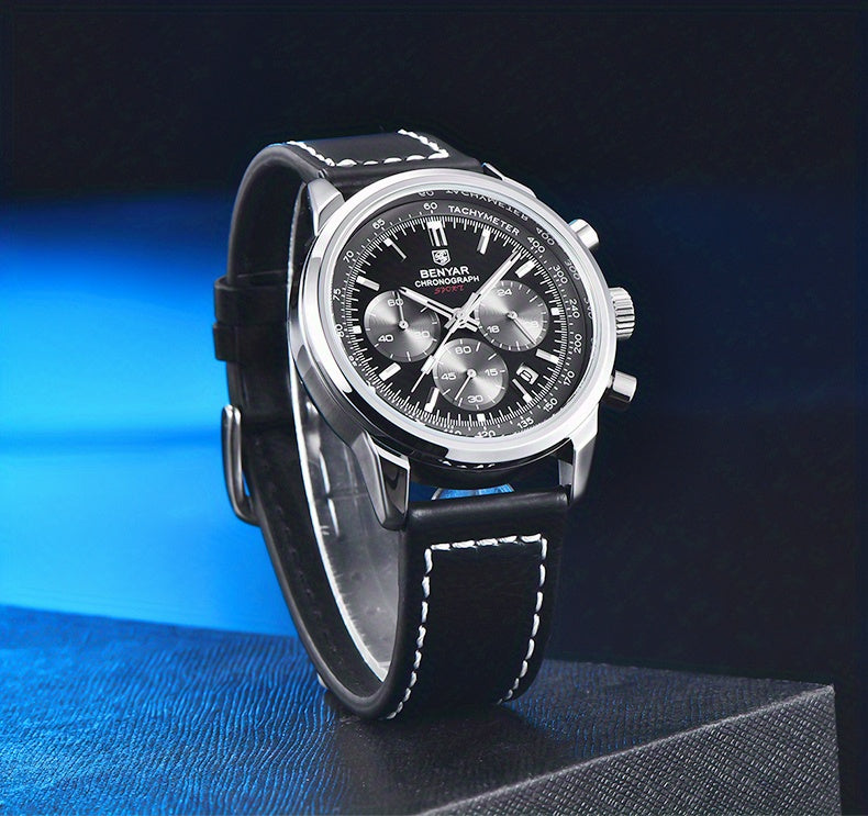 BENYAR Top Brand Men's Watches Sport For Men Multifunction Chronograph Black Fashion Quartz Wristwatches Calendar With Leather Strap
