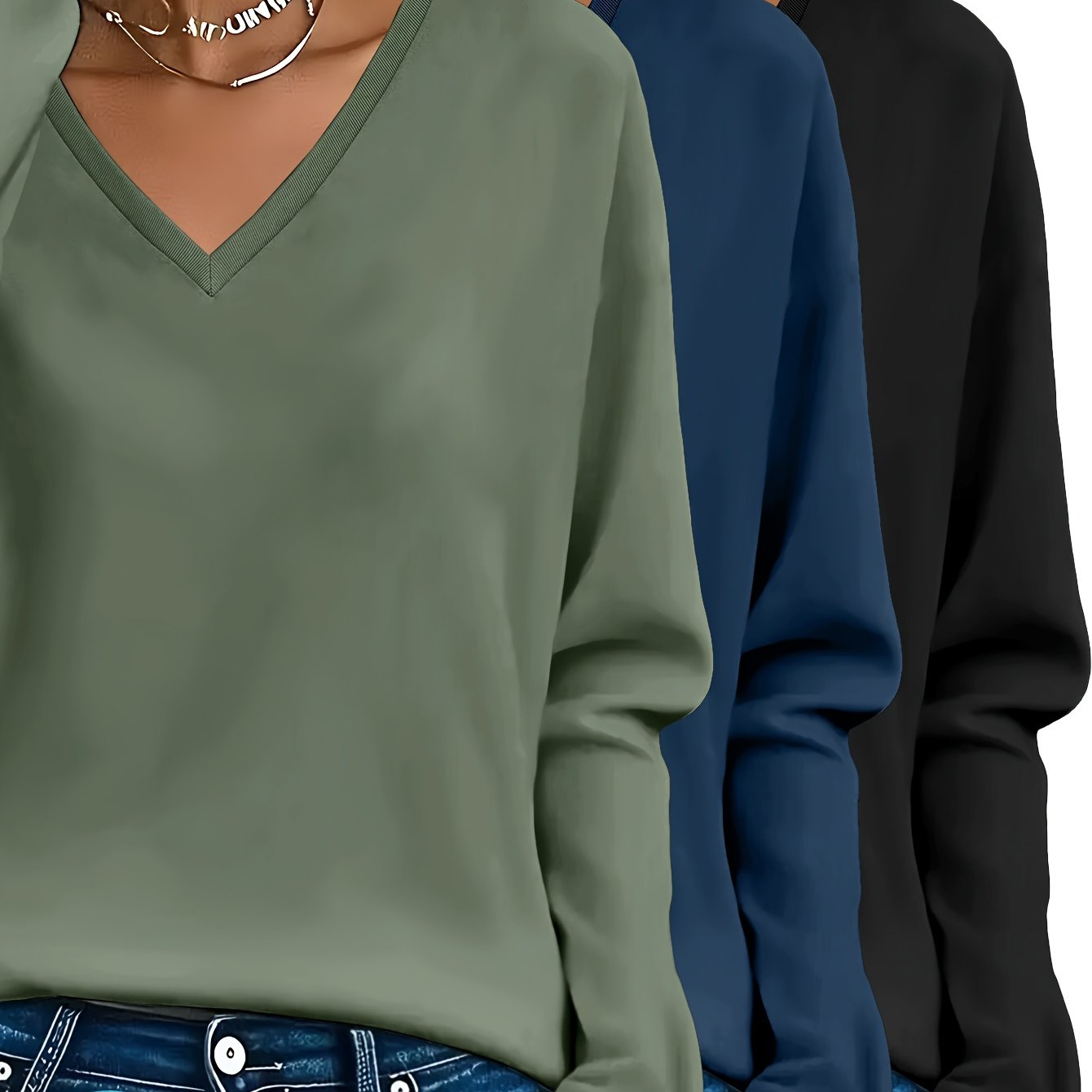 3pcs Women'S 100% V-Neck Long Sleeve T-Shirts - Soft, Durable, and Comfortable Casual Wear for All Seasons, Perfect for Holidays, Graduations, and Everyday Style, Everyday Comfort Wear | Minimalist Style | Soft Fabric Tee