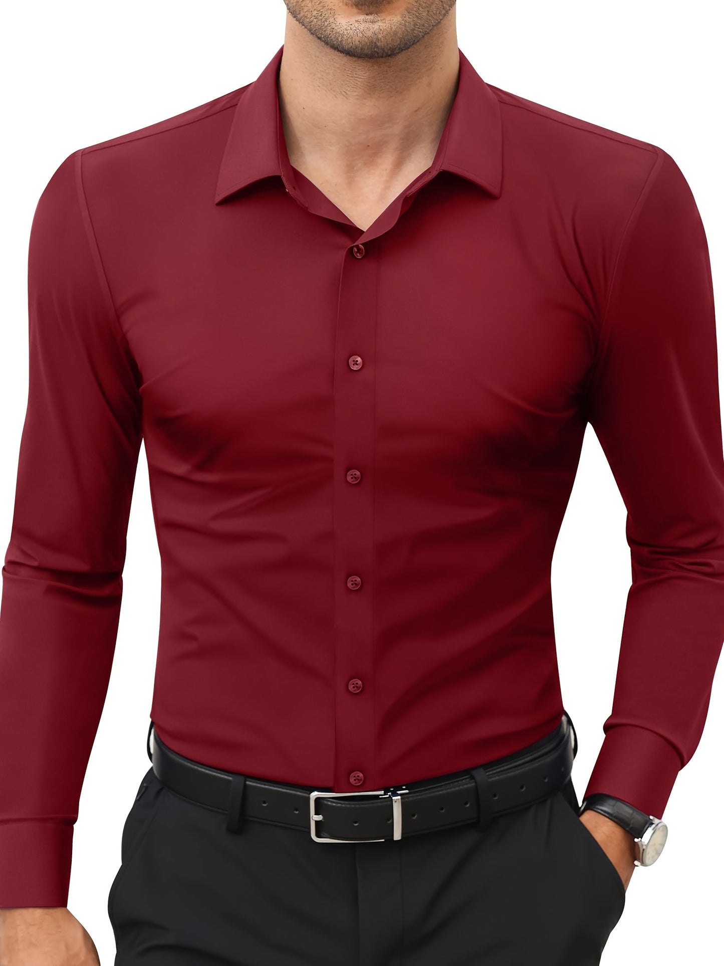 Camisola de homem de manga comprida com corte slim - 55% algodão, 40% poliéster, 5% elastano, cor lisa, para todas as estações, tecido plano, fecho com botões, gola de lapela, ideal para o fim de semana, 125 g/m²