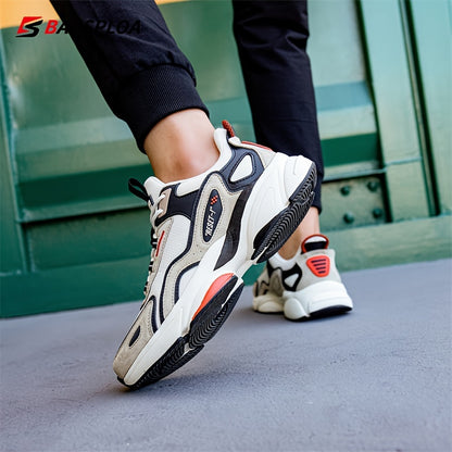 BAASPLOA Men's Sneakers - Lightweight Sneakers with Cushioned MD/TPR Sole, Beige/Black/Red Accent - Gym, Running, Everyday Shoes - Lace-Up Closure - All-Season (Spring/Fall/Summer) - Ideal for Men, Flexible Footwear