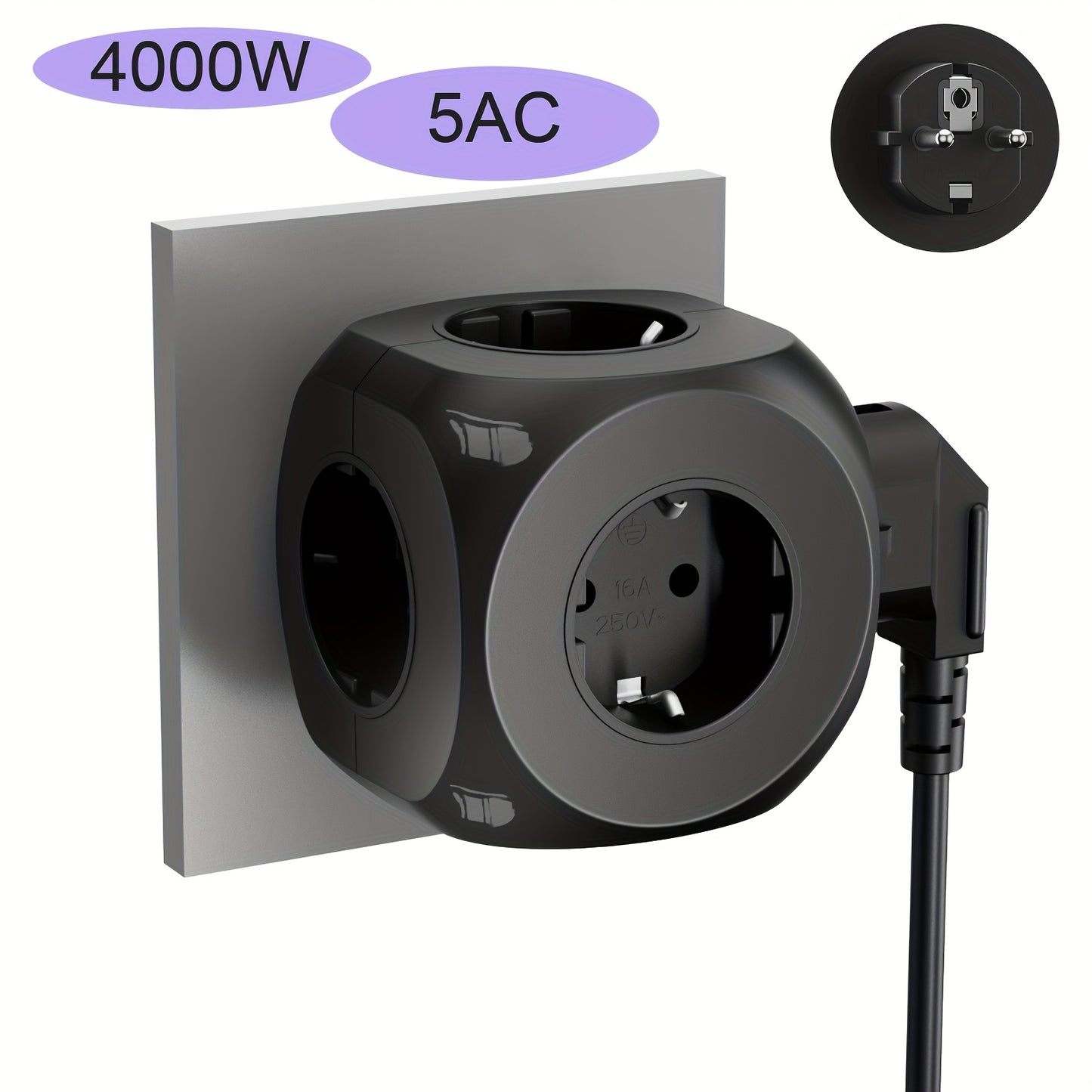 5-in-1 EU Standard Power Socket, 5-EU Plug Wall Extension Outlet – Solve Insufficient Outlets in Living Room, Bedroom, Office & Kitchen