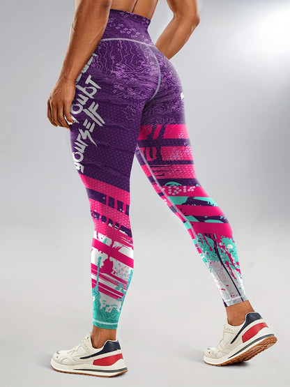 Women's Fashion Color Block Splash Print Yoga Pants, Striped Print Breathable Stretchy Butt Lifting Yoga Workout Running Sports Leggings, Women's Activewear