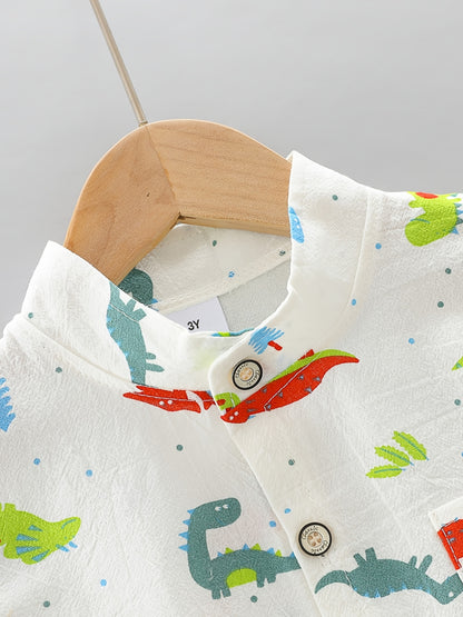 2pcs Baby Boys Dinosaur Print Button Short Sleeve Shirt Top &amp; Elastic Waist Shorts Set Toddler Summer Clothes For Daily &amp; Outdoor Wear