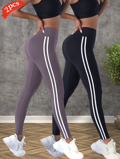 2pcs Women'S High-Waisted Yoga Pants - Side Stripe, Outdoor Sports Tights, Butt-Lifting Tummy Control Leggings, Comfortable Breathable Wide Waistband