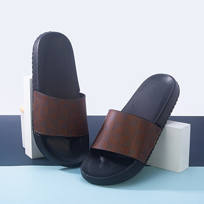 Men's Summer Slide Sandals - Non-Slip Soft Sole Casual Slippers with Geometric Pattern, Black & Gray, Comfortable for Indoor & Outdoor Use