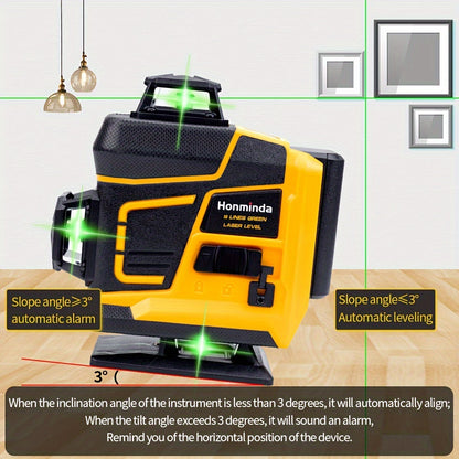 Honminda 16-Line 360° Self-Leveling Laser Level with Green Beam, 4x360° Vertical/Horizontal Cross Lines, Rechargeable Battery & Remote Control, Lifting Base & Tripod Included for Construction, Photography, Videography, Vide