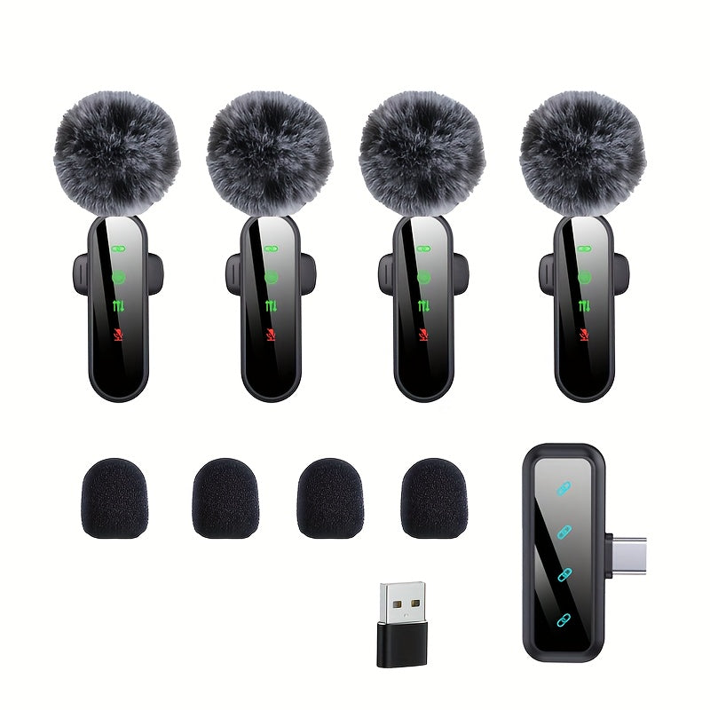 4-in-1 Professional Wireless Lavalier Microphone for 4 People, Plug-and-Play with Intelligent Noise Reduction, Windproof Ball, Compatible with Smartphones, Laptops, and Tablets, USB-C Charging, 2.4G/3G/4G/5G, Video Conference
