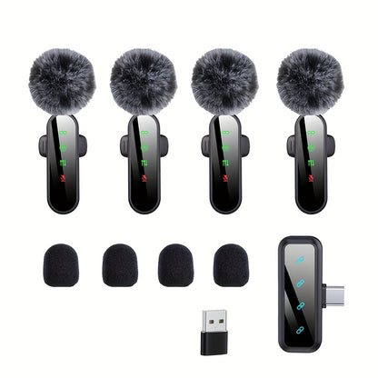 4-in-1 Professional Wireless Lavalier Microphone for 4 People, Plug-and-Play with Intelligent Noise Reduction, Windproof Ball, Compatible with Smartphones, Laptops, and Tablets, USB-C Charging, 2.4G/3G/4G/5G, Video Conference