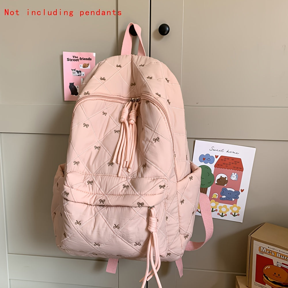 HUOHUO Large Capacity Backpack - Stylish Red & White Quilted Design with Star & Bow Accents, Adjustable Straps, Multiple Compartments, Perfect for School, Commuting, and Everyday Use, Backpack for School, Commuter Bag, Playfu