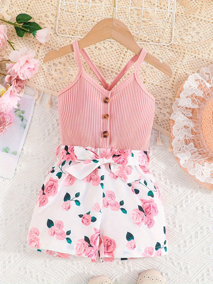 Girls' Summer Casual Floral Print Off-Shoulder Jumpsuit with Adjustable Waist Belt - Lightweight Breathable Shorts for Outdoor Play & Daily Wear, Blue & White Flower Design, Perfect for Weekend Outings, Cute Outfits for Girls