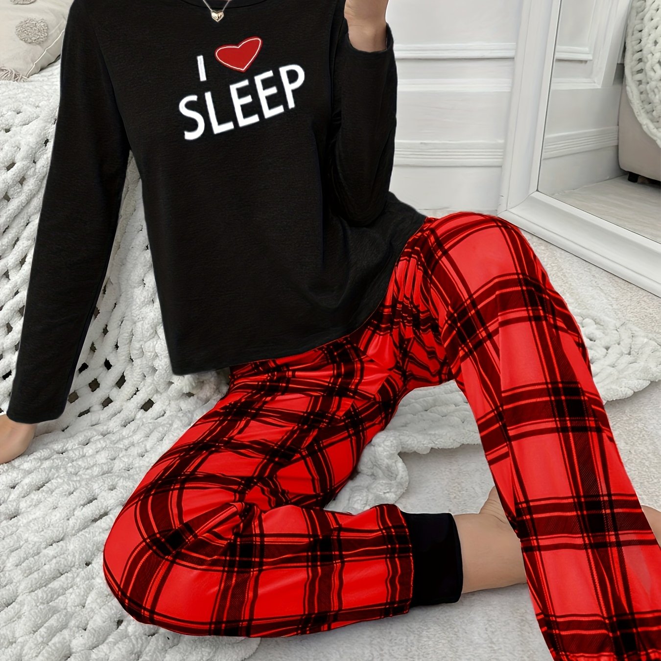 Autumn and Winter Women's Pajama Set with Long Sleeves, Pants, Cute Cartoon Heart Letter Print Plaid Lounge Wear