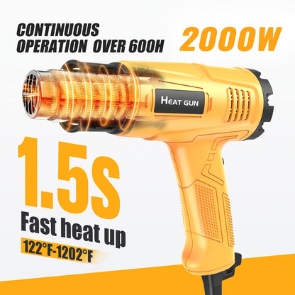 Professional 2000W electric heat gun with adjustable temperature control, 1.5S fast heating, 122°F-1202°F range, ideal for soldering and welding, automotive and construction use, European standard plug, 220-240V, soldering heat