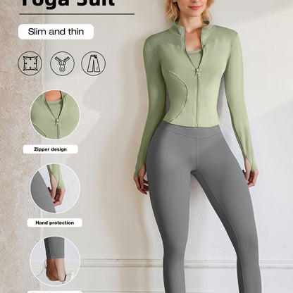 European Code Polyester Fabric Gym Running Clothes Long Sleeve Sports Jacket Cycling and Walking Tightening Buttocks Pants Fitness Suit