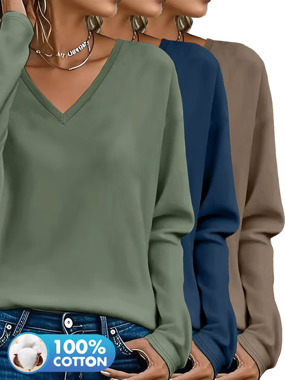3pcs Women'S 100% V-Neck Long Sleeve T-Shirts - Soft, Durable, and Comfortable Casual Wear for All Seasons, Perfect for Holidays, Graduations, and Everyday Style, Everyday Comfort Wear | Minimalist Style | Soft Fabric Tee