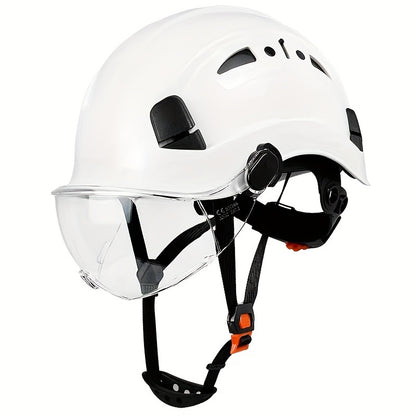 Adjustable Safety Helmet with Integrated Visor - Durable ABS Plastic, Ergonomic Design for Construction & Industrial Use, White, Construction Safety Gear, Sleek Glossy Finish, Secure Fit Straps