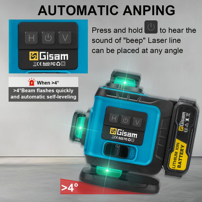Gisam Multifunctional 16 Lines 4D Green Laser Level with Tripod & App Control, 360° Self-Leveling Horizontal & Vertical Cross Lines, USB & Battery Powered, Includes Carrying Case, Super-Powerful Beam, Portable Design for Ind
