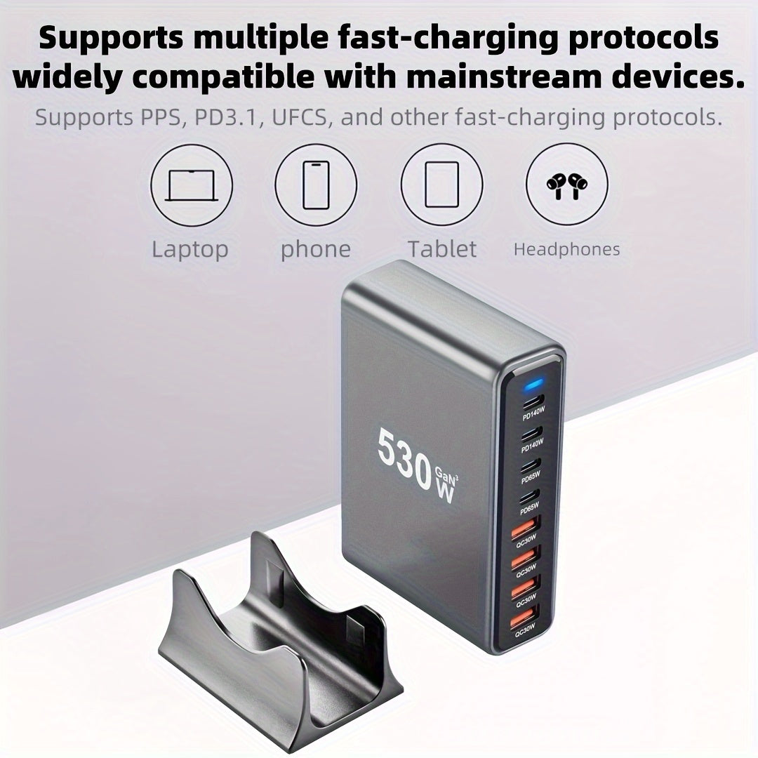 1pc EU desktop charging block 530w 8-port in one Compatible with Macbook Pro M4 MAX140W fast charging Small and portable, suitable for travel, home or office use, support for mobile phones, watches, computers and headphones C
