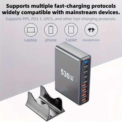 1pc EU desktop charging block 530w 8-port in one Compatible with Macbook Pro M4 MAX140W fast charging Small and portable, suitable for travel, home or office use, support for mobile phones, watches, computers and headphones C