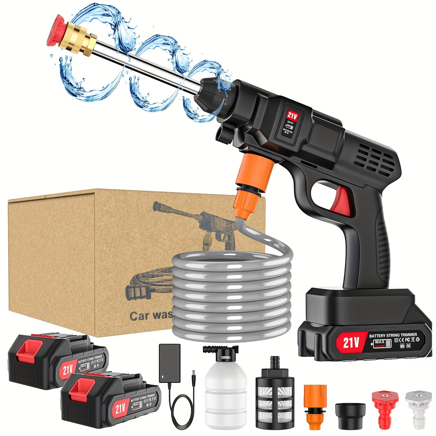 Pistola de limpeza de alta pressão sem fios, auto-ferrante, com jato contínuo de espuma, mangueira de 5 m e 2 pilhas de lítio recarregáveis, bocal 3 em 1, lavadora elétrica portátil, ideal para lavar automóveis, limpar jardins e pavimentos.