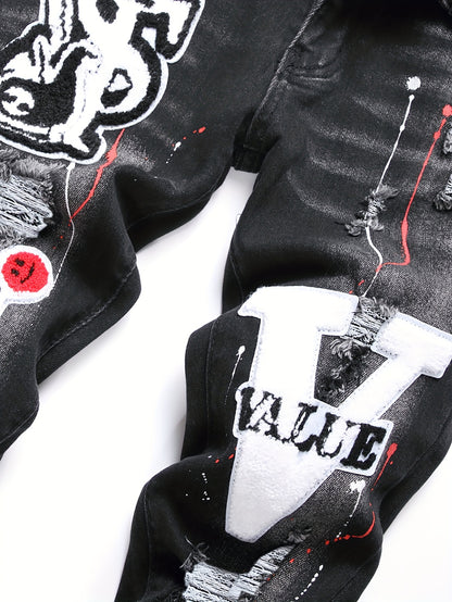 Patch Splatter Ripped Jeans, Men's Casual Street Style Distressed Slim Fit High Stretch Denim Pants For Spring Summer