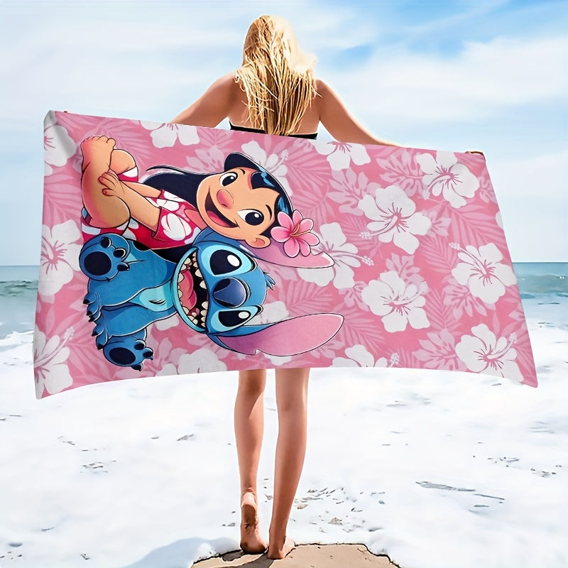 1pc Lilo & Stitch Beach Towel - Pink Floral Design, Soft Microfiber, Perfect for Yoga, Travel, Swimming, Beach, Fitness, Camping, Bathroom - Ideal Valentine'S Day & Birthday Gift, Beach Accessories | Playful Design | Durable