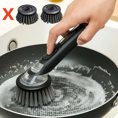 Long Handle with Built-In Soap Dispenser Brush, Paired with 2 Replacement Brushes, Easy to Clean Kitchen Brush - Durable Plastic Dishwashing Brush, Efficient Cleaning