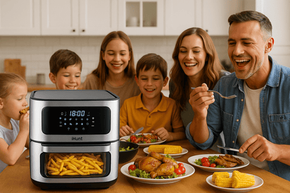 Hot Air Fryer with Rotisserie Without Oil Ihunt Bro Air Fryer 12L Rotary XL, 1800W, 360-Degree Air Circulation, Premium Inox Body, 10 Cooking Functions, Adjustable Temperature, Defrosting, Double Compartment with 3 Cooking Zo