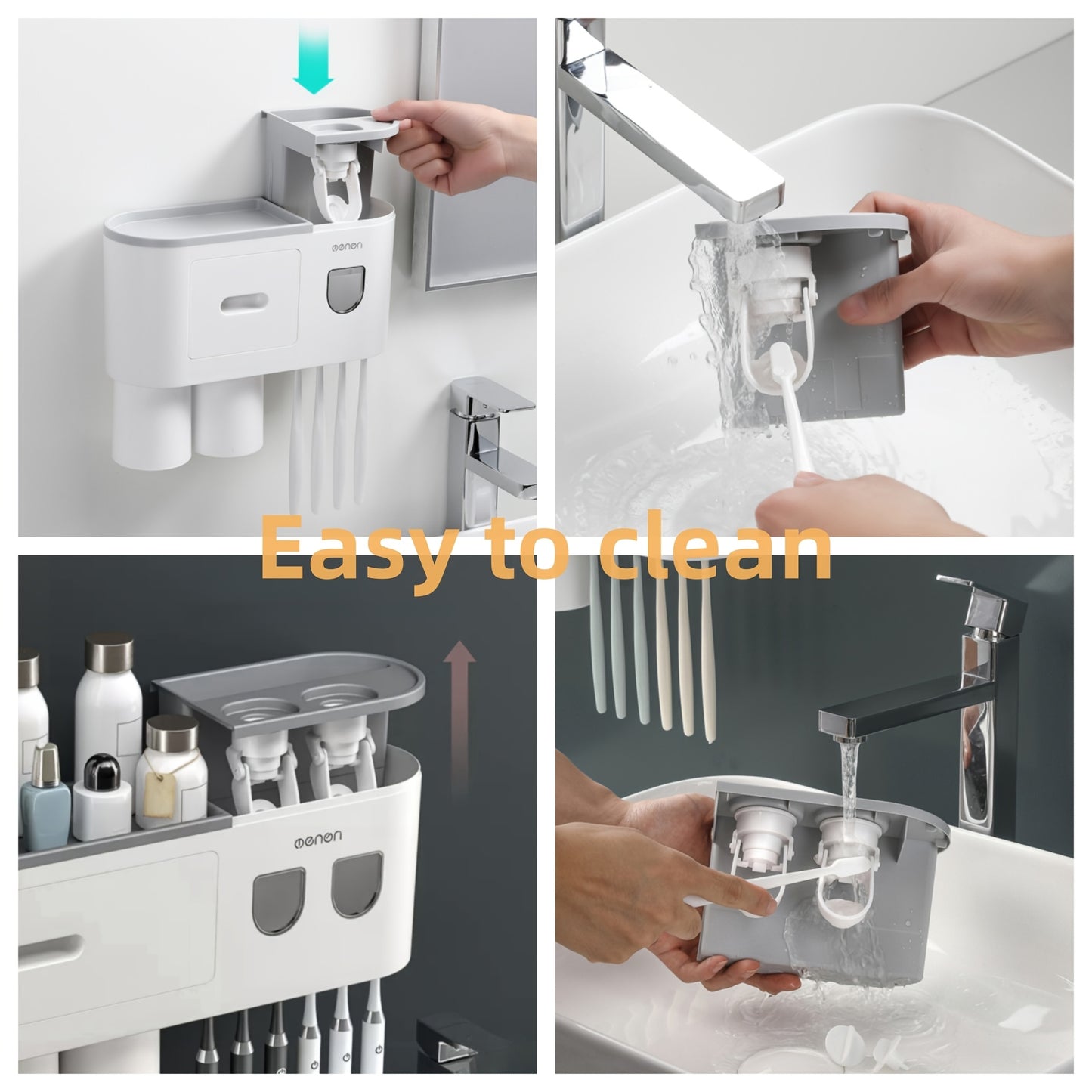 No Drill Adhesive Wall-Mounted Modern White Bathroom Organizer Set with 2-in-1 Magnetic Toothpaste Dispenser & Multi-Tier Storage Shelf - Space-Saving Over Sink Organizer with Suction Cup Hooks, Durable Plastic Construction f