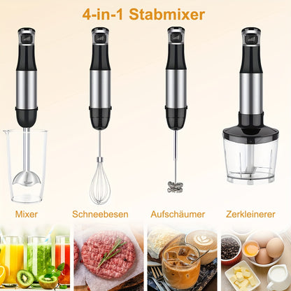6in 1 Handheld Immersion Blender - Stainless Steel Stick Blender with 5 Speed, Chopper, Whisk And Milk Frother for Meat, Mashed Potatoes And Baby Food
