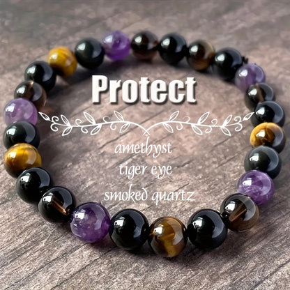 4pcs FUTTMI Natural Stone Elastic Bracelets for Women - Bohemian Style, Protection & Luck Charms, Handmade Stretch Beaded Jewelry with Tiger Eye, Obsidian, Amethyst & Smoked Quartz for Daily Wear & Gifts, Charm Beads for Brac
