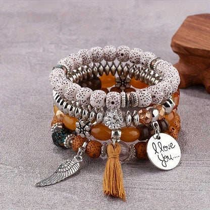4pcs Bohemian Ethnic Style Winged Tassel Beaded Bracelets, Women's Fashion Jewelry, Versatile for Casual Attire and Perfect Holiday Gift for Girlfriend or Wife!