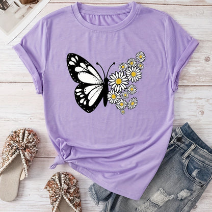 T-shirt casual para mulher com estampado floral de borboletas e margaridas, gola redonda - Verde azeitona, Lavável à máquina, Modelagem regular para looks casuais, Moda para todas as estações, Estilo descontraído, Tecido não transparente