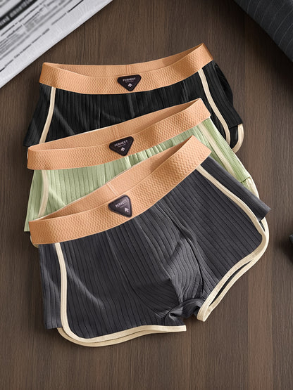 3pcs Men'S Boxer Briefs - Breathable, Comfortable, Stretchy Ribbed Striped Underwear in, Green, and, Perfect for Casual Attire or Sports, Comfortable Underwear | Ribbed Texture | Medium Elasticity