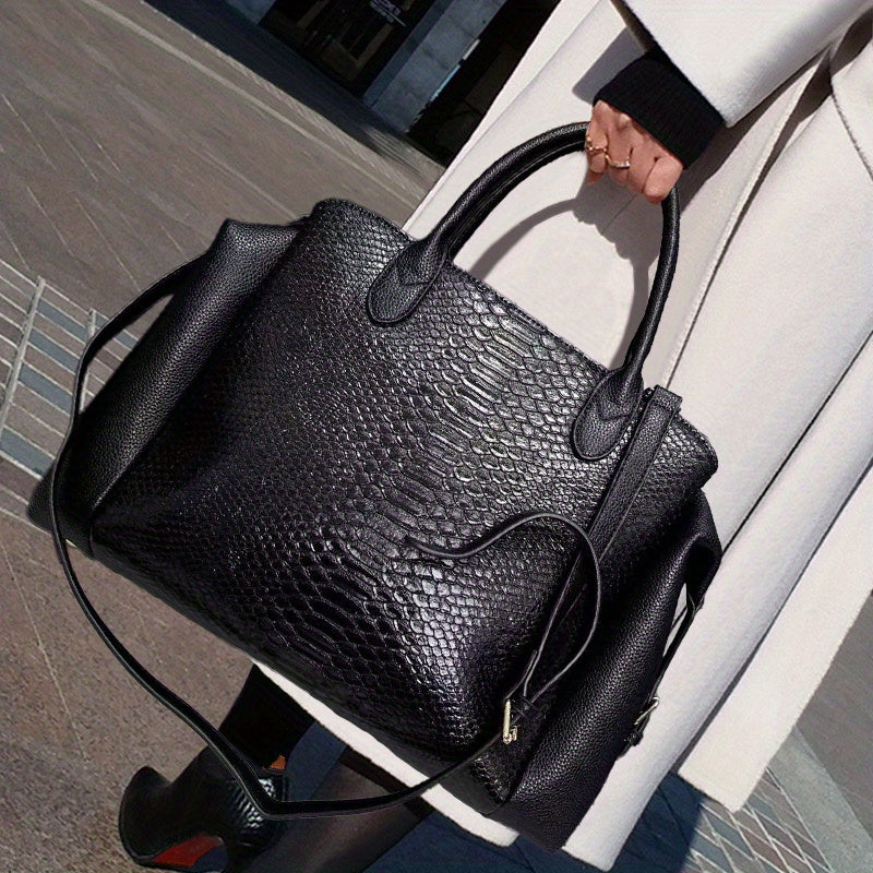 Elegant Black Snake Pattern Handbag for Women - Large Capacity, Detachable Shoulder Strap, Vegan Synthetic Faux Leather, Perfect for Daily Use and Work, Ideal Holiday Gift, Versatile Trolley | Avantgarde Style | Synthetic Fa
