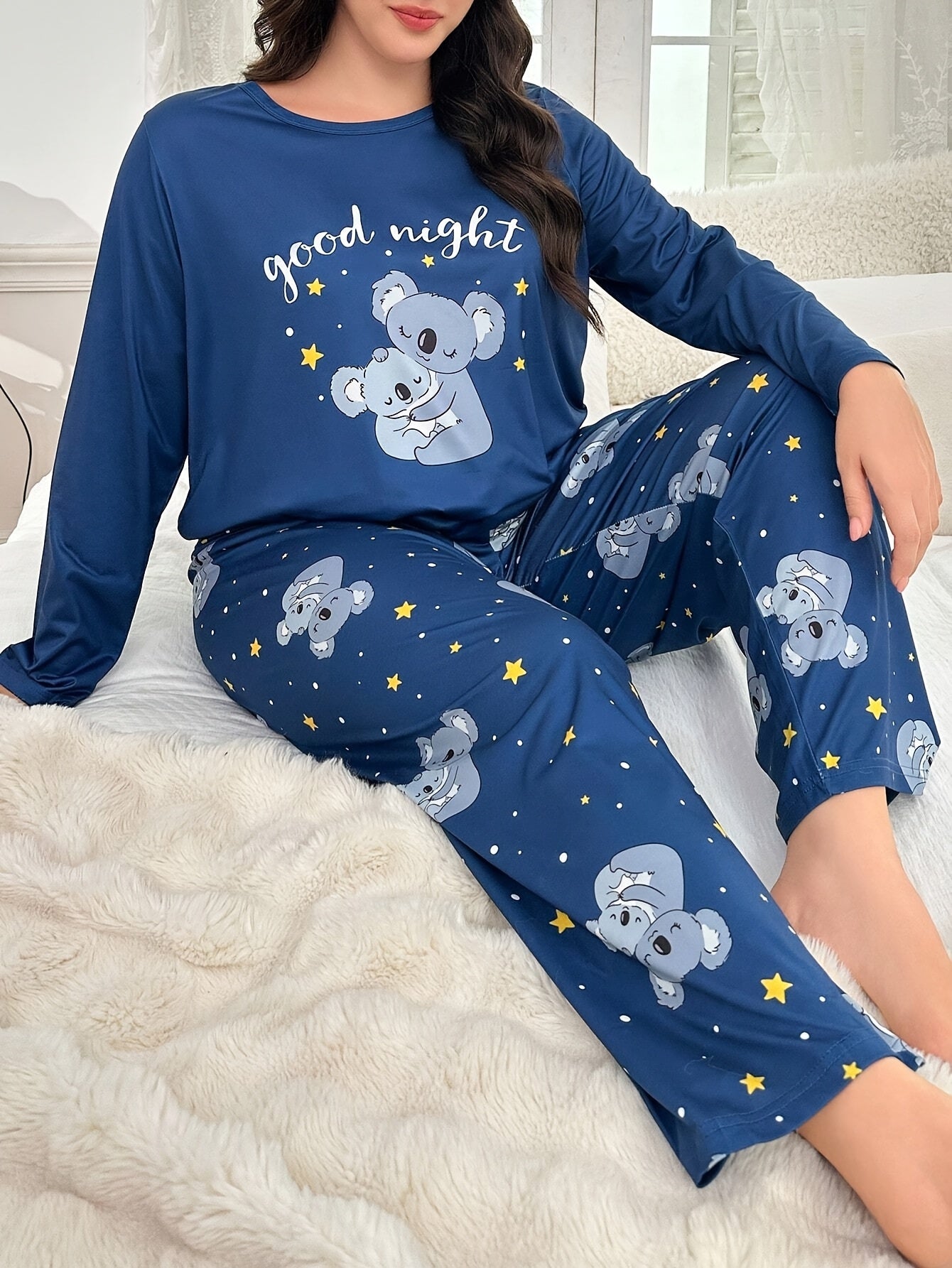 Plus Size Autumn/Winter Women's Pajamas with Cute Cartoon Koala Print Long Sleeve Loungewear Set