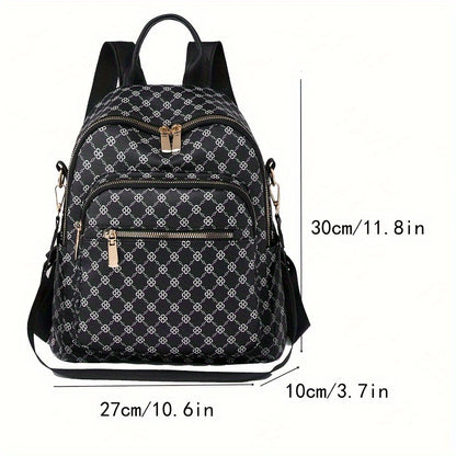 Women's Clover Backpack - Large Capacity, Adjustable Straps,, Zip Closure, Geometric Pattern, Beige//Black, Casual College Style, Perfect for Students and Travel, Backpack for School