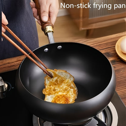 LDQ 1pc Cast Iron Pan Splash Resistant Design Rust Proof Durable Construction Even Heat Distribution Healthy Cooking Essential for Indoor Outdoor Use Oven Safe Wooden Handle Pans for Cooking Indoor Kitchenware Perfect Gifts f