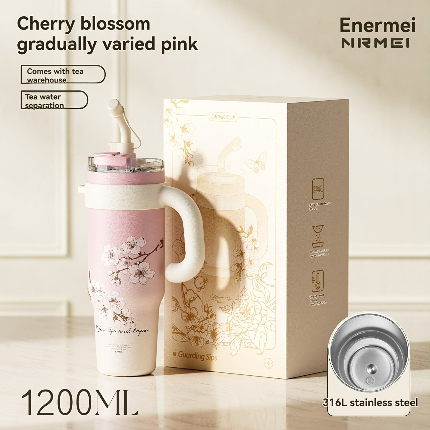 NRMEI 40oz Stainless Steel Water Bottle with Handle - Double Mouth - Leak-Proof - Suitable for Car Cup Holder