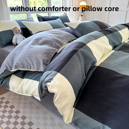 Conjunto de cama de 4 peças macio e respirável - Estampado xadrez espacial criativo, lavável à máquina - inclui lençol, edredão e 2 fronhas para todas as estações - ideal para dormitórios de estudantes, quartos e quartos de hóspedes.