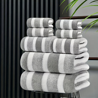 8pcs Set of Lint-Free, Super Absorbent And Super Soft Five-Star Hotel Standard Two-Color Striped Bath Towel Set, Including 2 Large Bath Towels, 2 Large Face Towels And 4 Hand Towels - Quick Drying | with Hanging Loop | Light